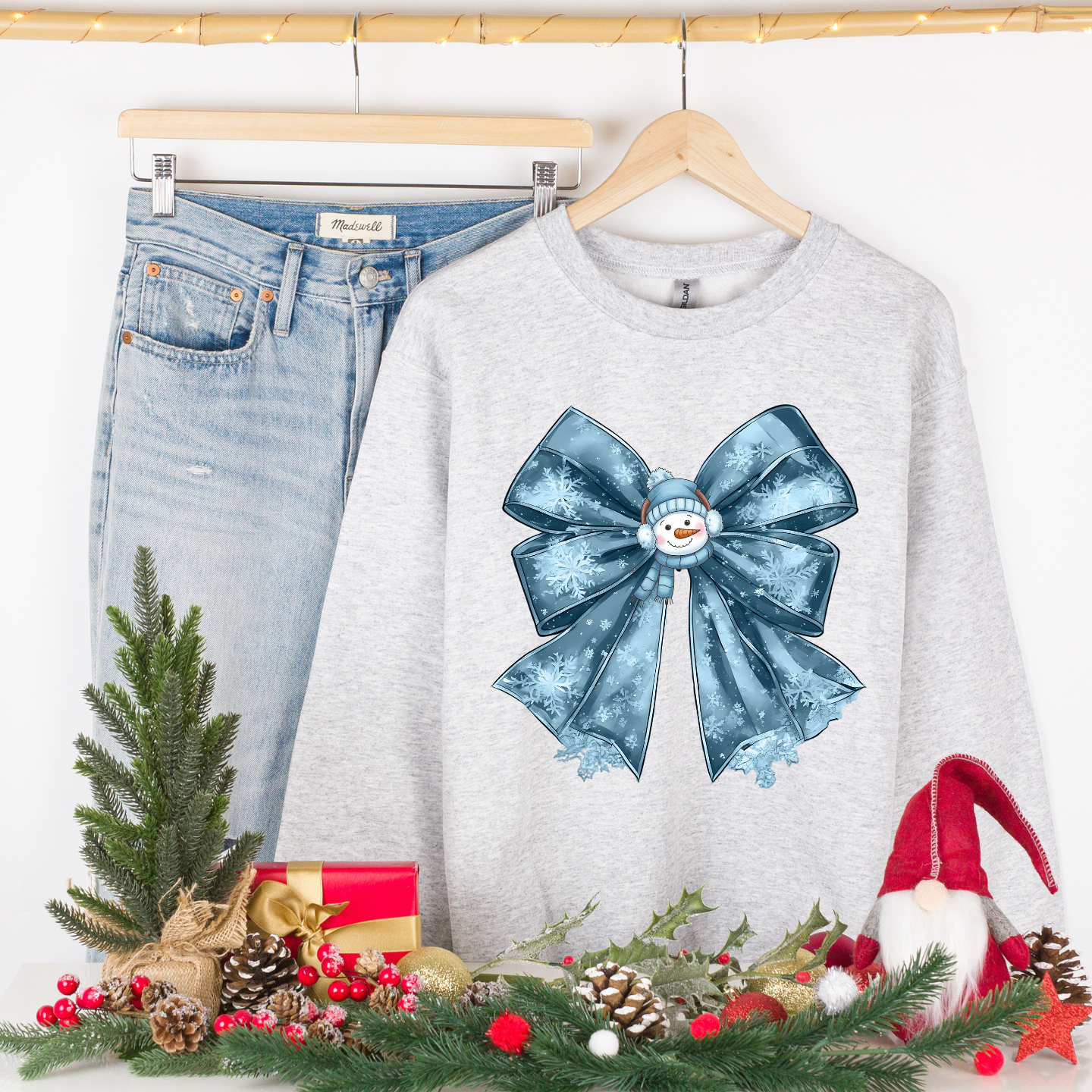 Blue christmas bow comfortable cozy pullover crewneck