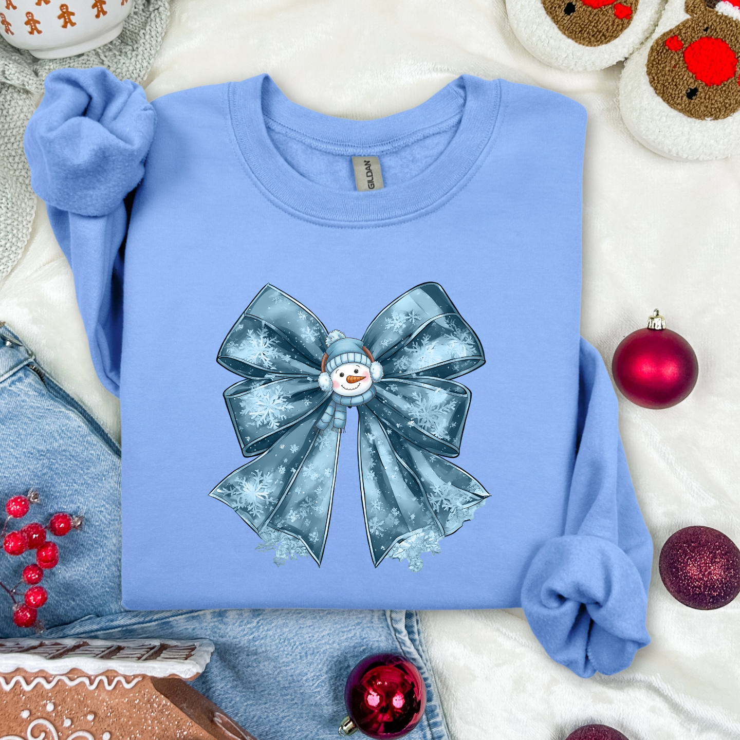 Blue christmas bow comfortable cozy pullover crewneck