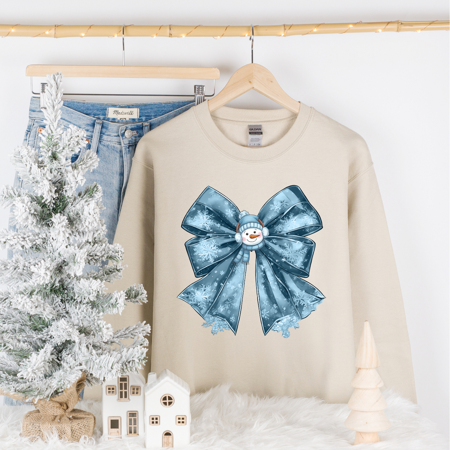 Blue christmas bow comfortable cozy pullover crewneck