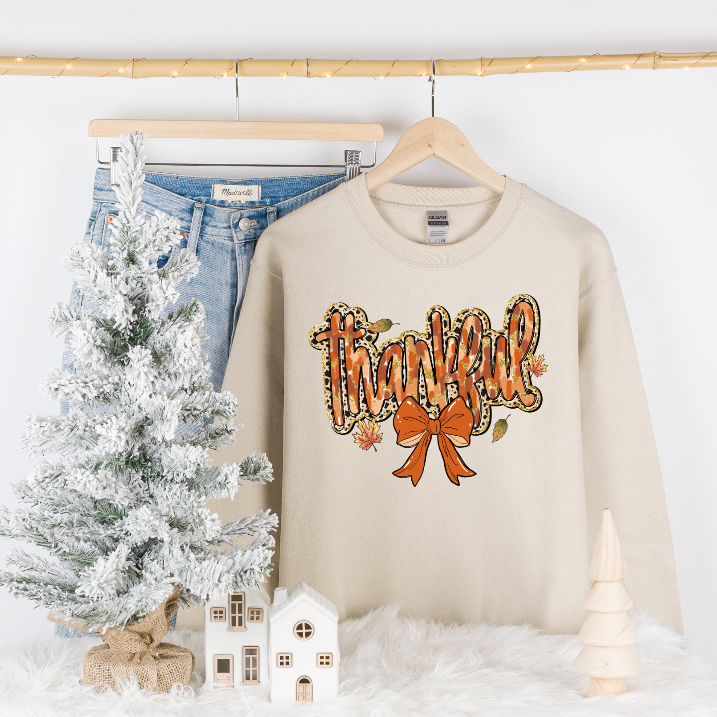 Women's Thankful Bow Leopard Print Cozy Crewneck Pullover