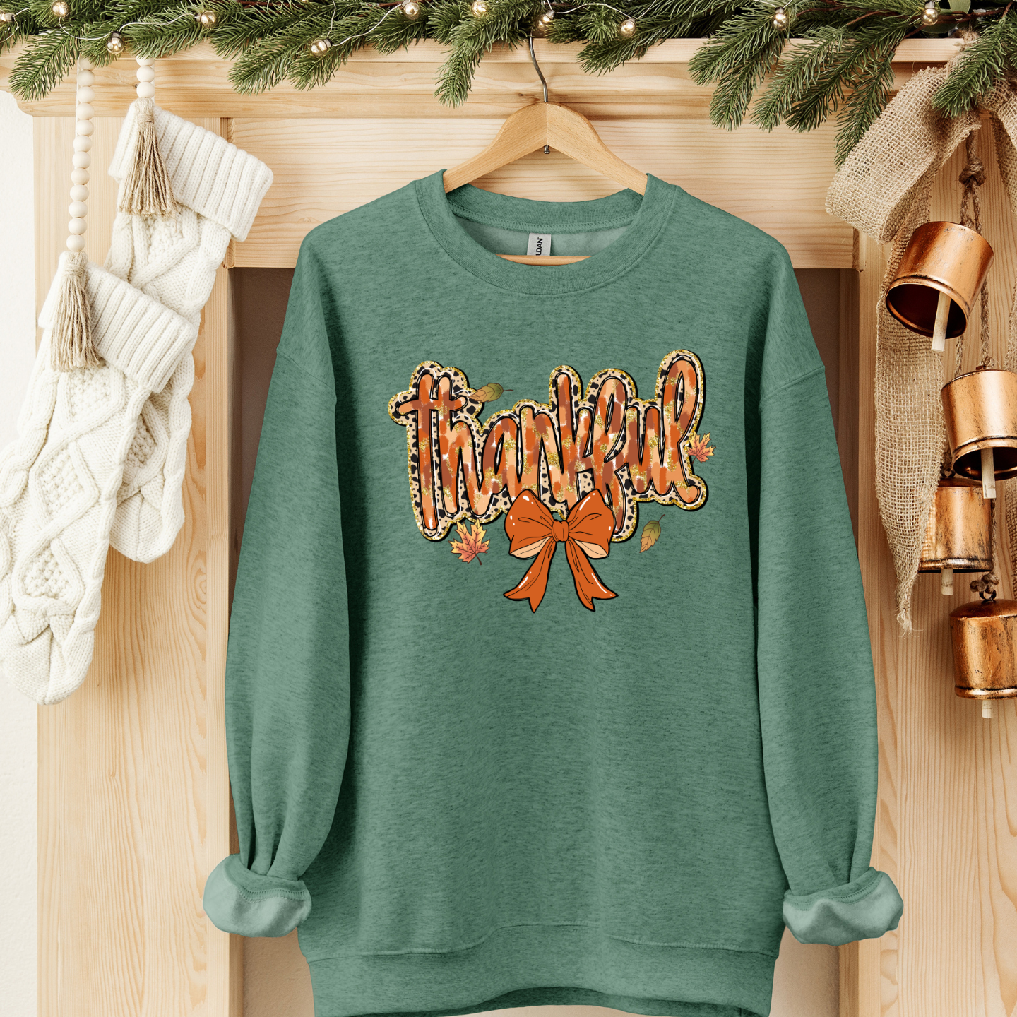 Women's Thankful Bow Leopard Print Cozy Crewneck Pullover