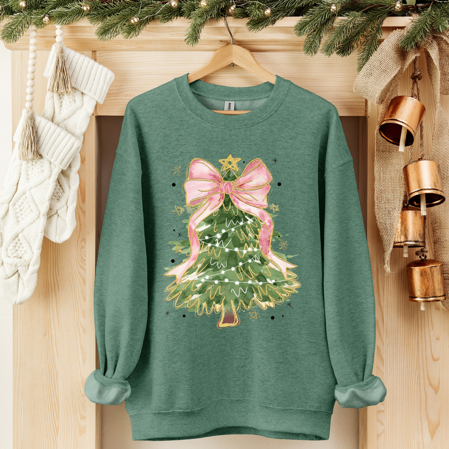 Pink bow Christmas tree cozy crewneck pullover