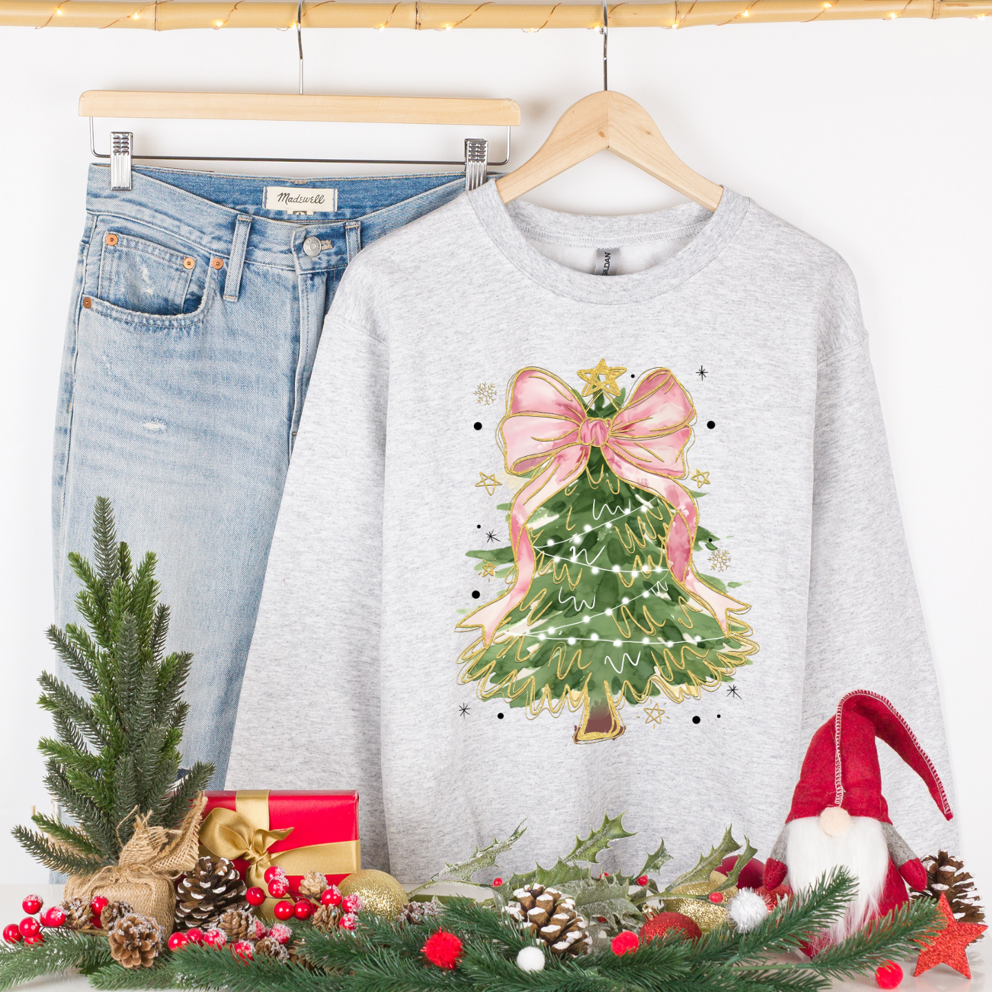 Pink bow Christmas tree cozy crewneck pullover