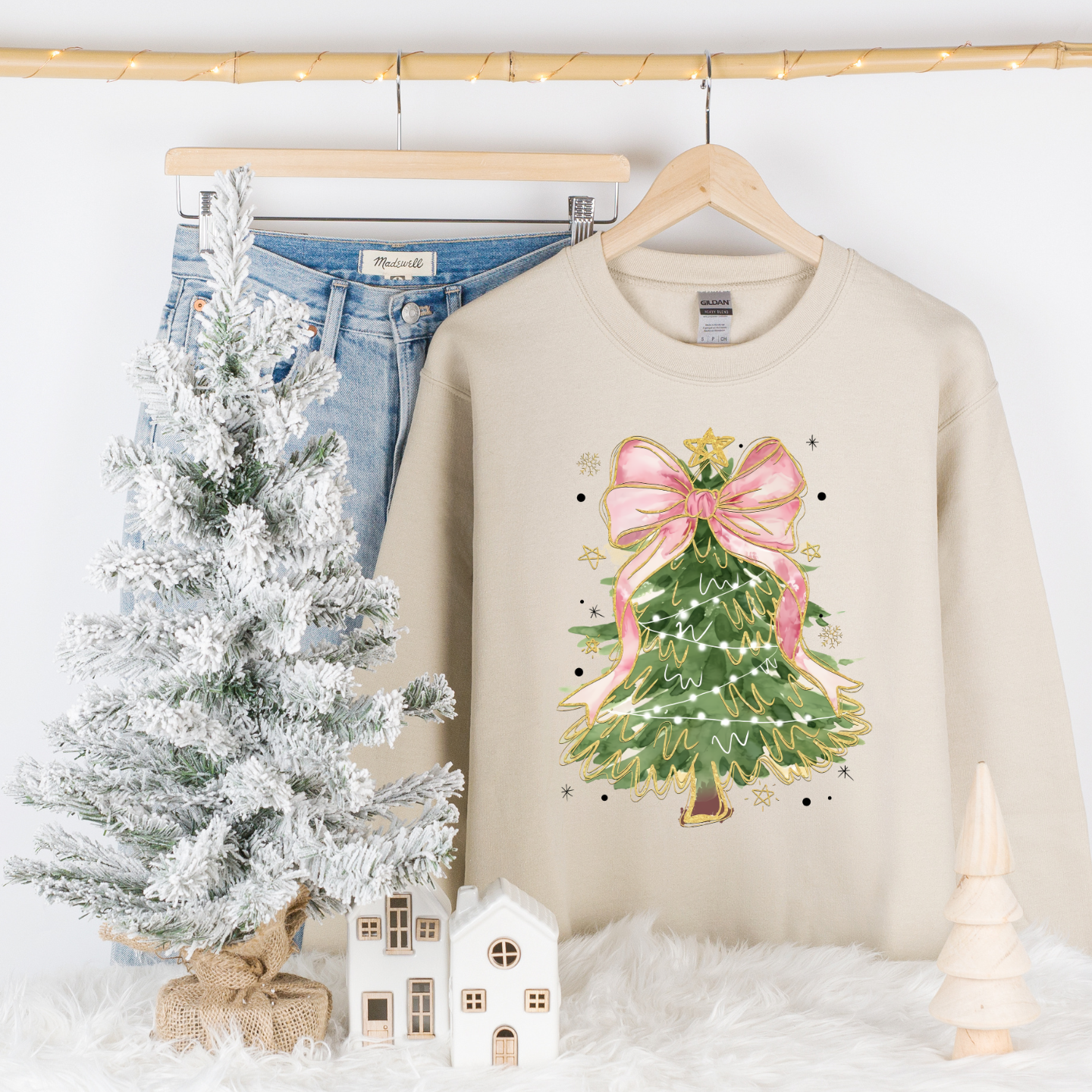 Pink bow Christmas tree cozy crewneck pullover