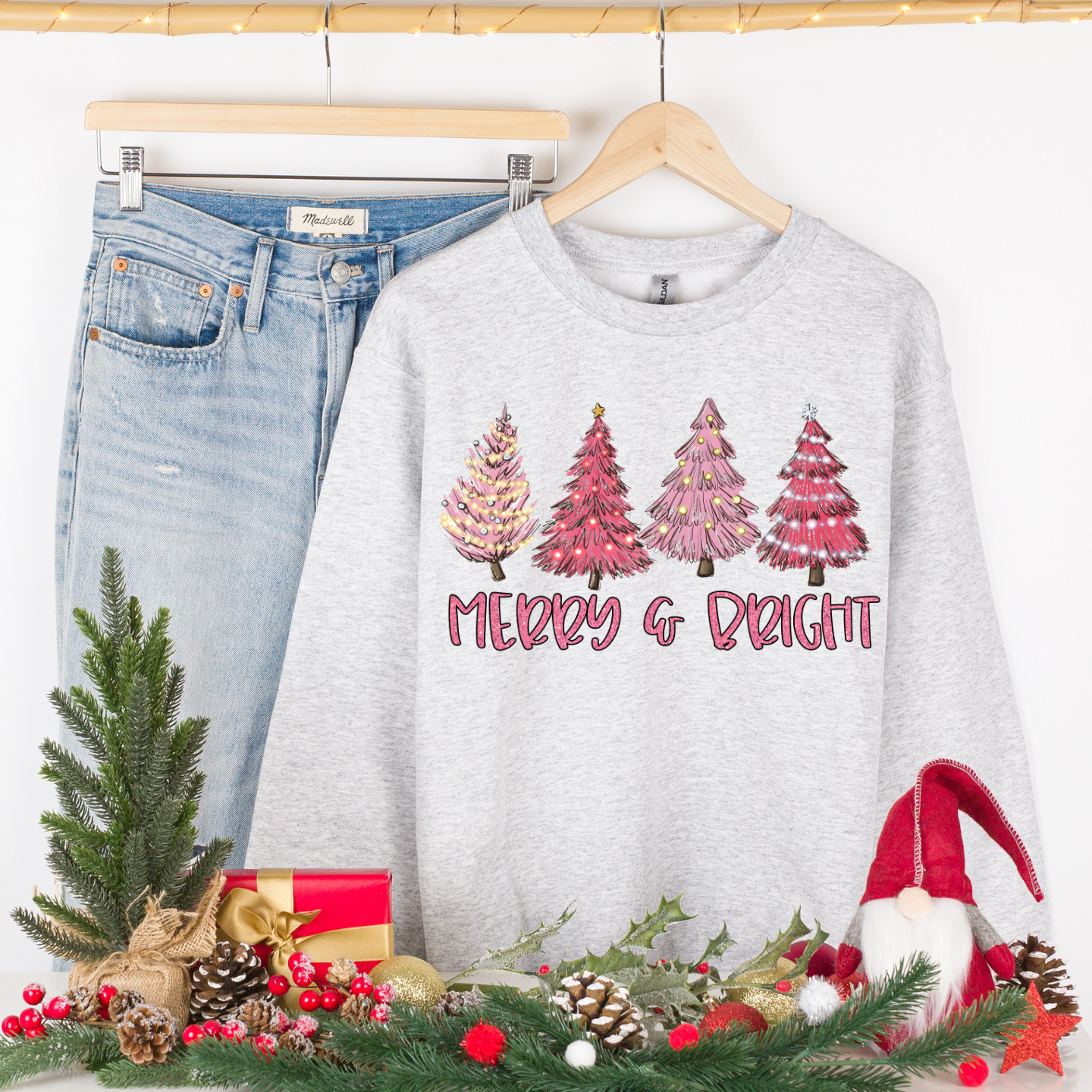 Women's Merry and Bright Pink Trees Comfortable Cozy Crewneck Pullover