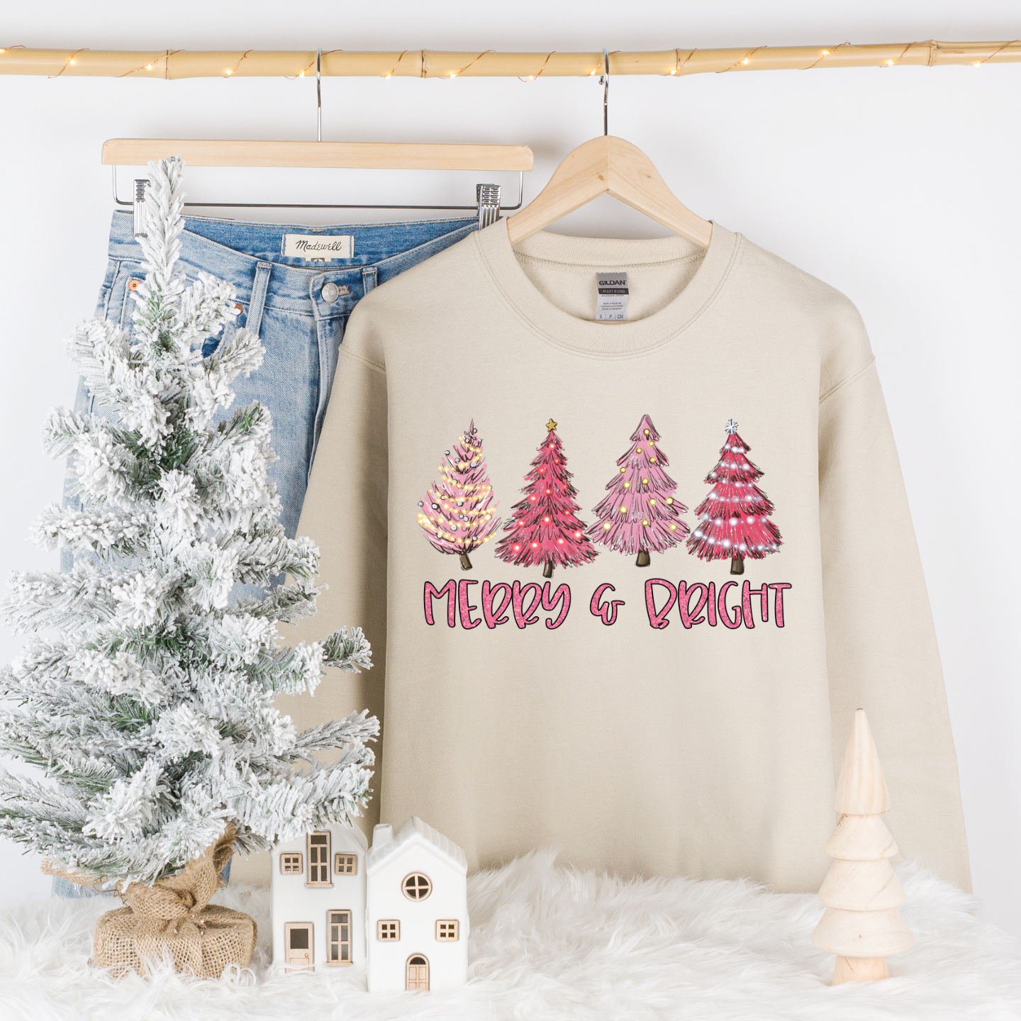 Women's Merry and Bright Pink Trees Comfortable Cozy Crewneck Pullover